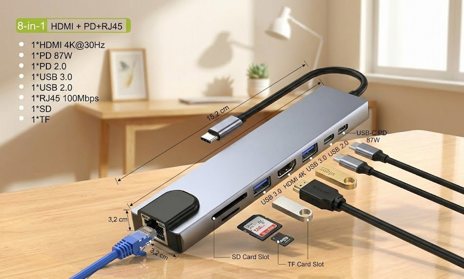 Hub USB-C 8 em 1 Flow Pro - Conexão Ethernet RJ45 e HDMI 4K